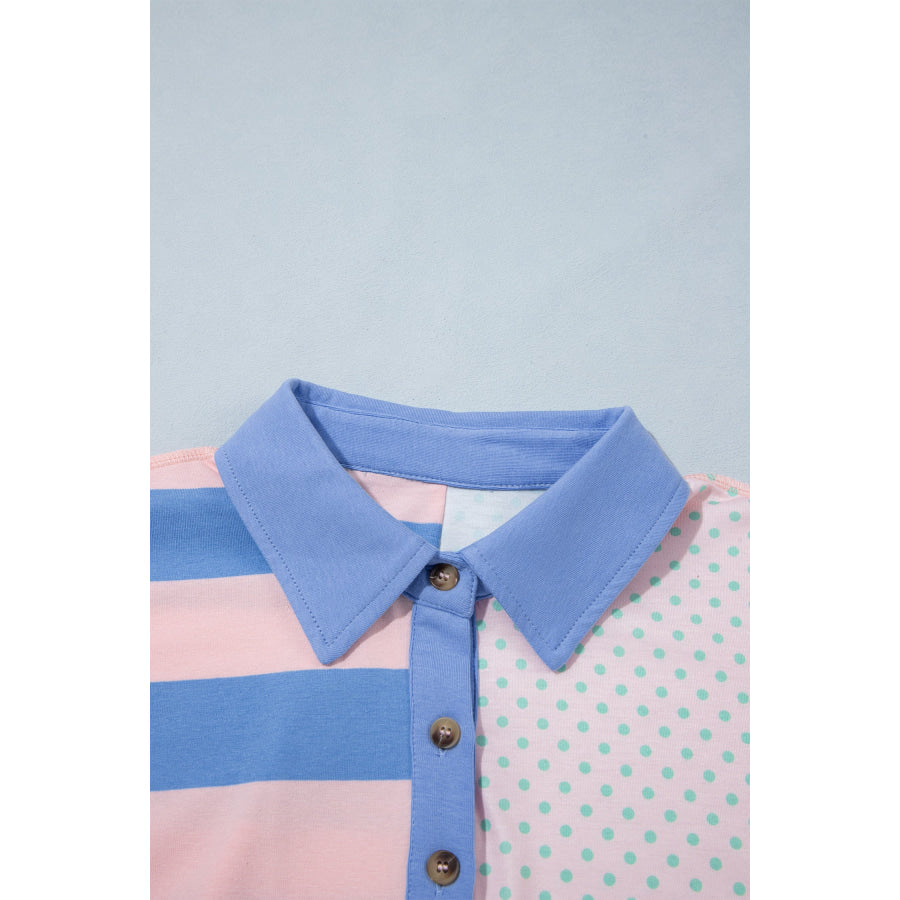 Pink Striped Polka Dot Patchwork Polo Collar Long Sleeve Top Tops/Long Tops