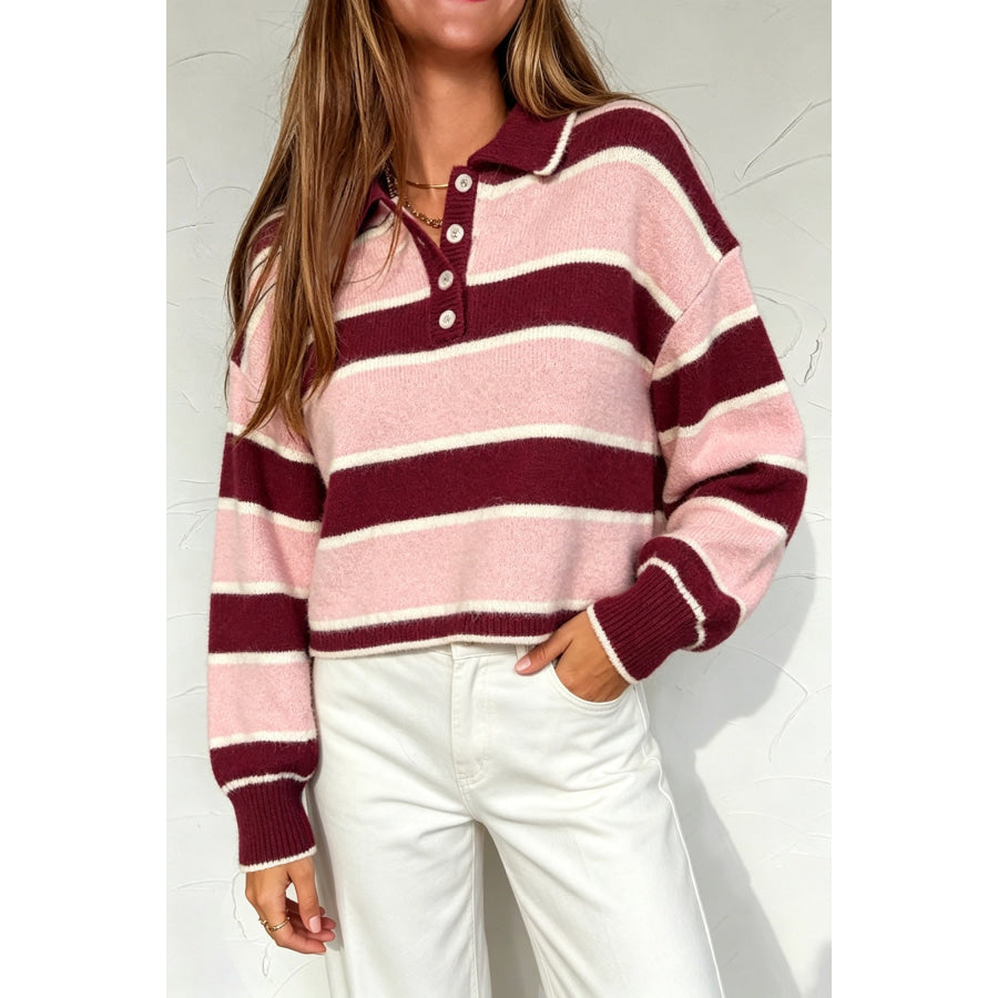 Pink Striped Polo Collar Long Sleeve Ribbed Cuff Casual Knit Sweater / S Sweaters & Cardigans/Sweaters