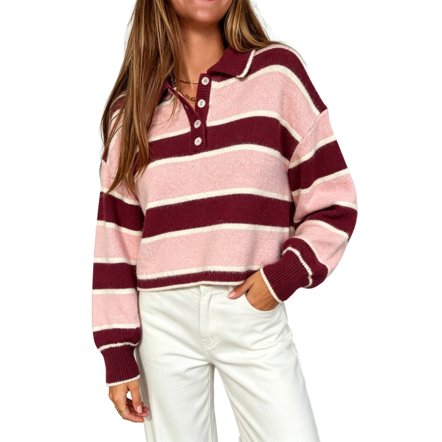 Pink Striped Polo Collar Long Sleeve Ribbed Cuff Casual Knit Sweater Sweaters & Cardigans/Sweaters