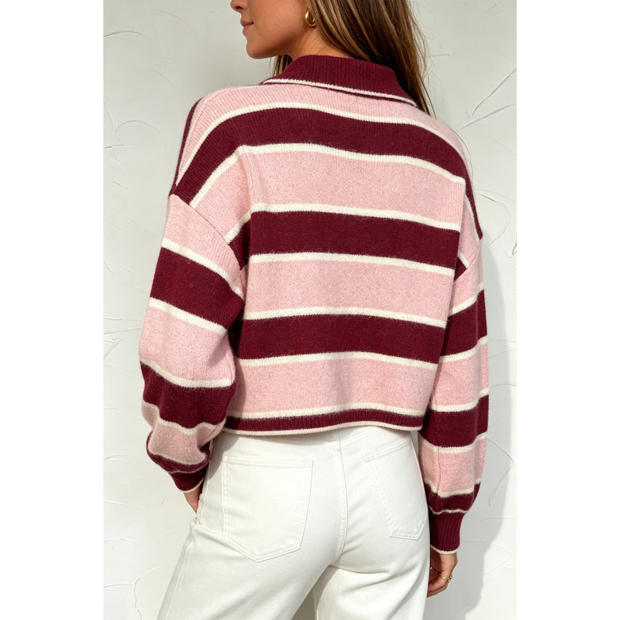 Pink Striped Polo Collar Long Sleeve Ribbed Cuff Casual Knit Sweater Sweaters & Cardigans/Sweaters