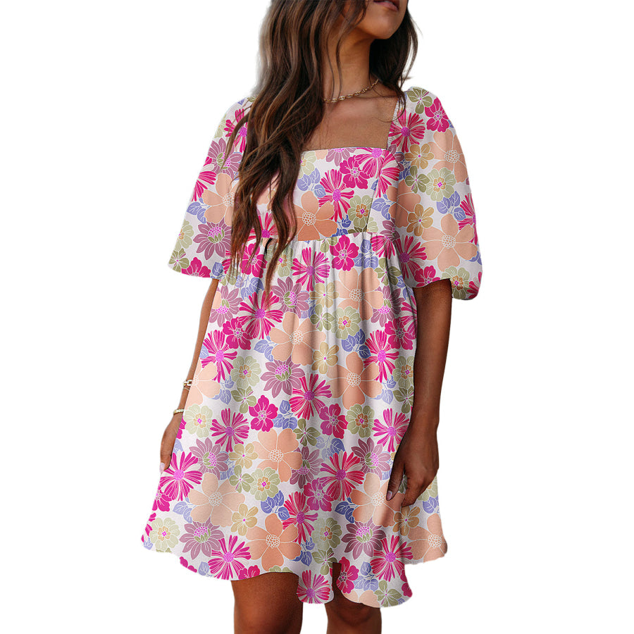 Pink Summer Floral Square Neck Puff Sleeve Babydoll Dress Dresses/Floral Dresses