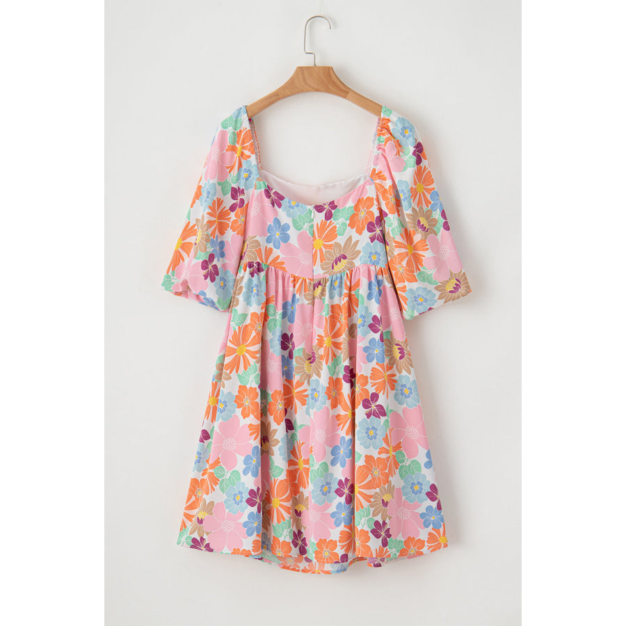 Pink Summer Floral Square Neck Puff Sleeve Babydoll Dress Dresses/Floral Dresses