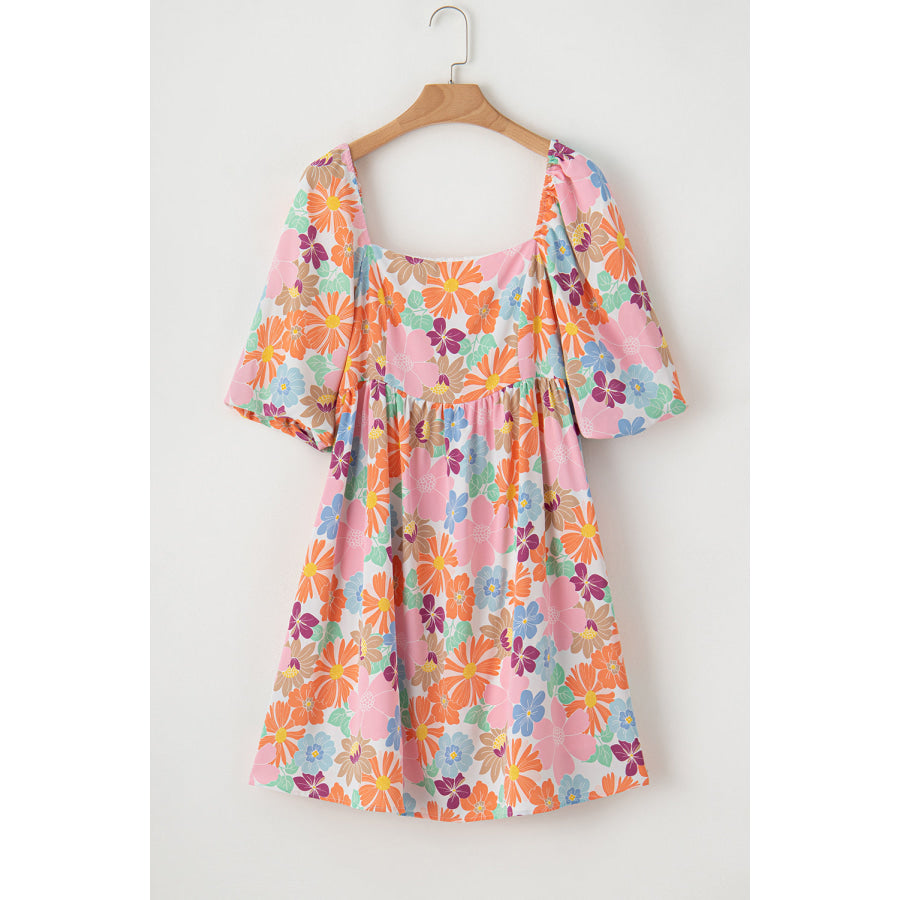 Pink Summer Floral Square Neck Puff Sleeve Babydoll Dress Dresses/Floral Dresses