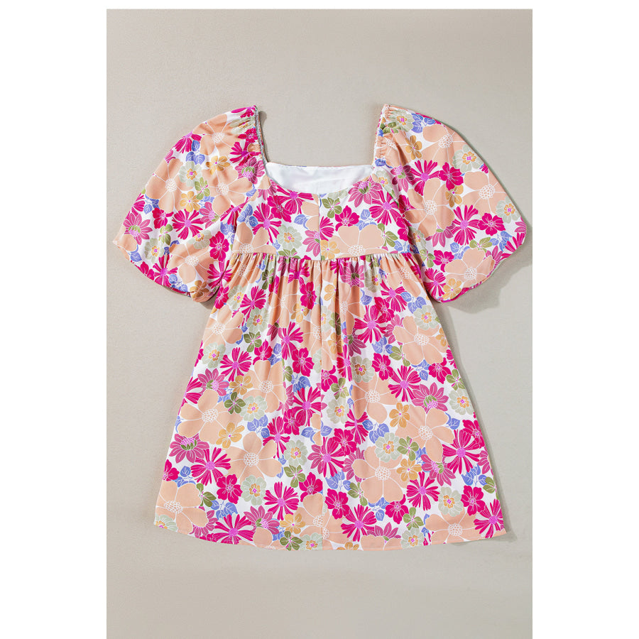 Pink Summer Floral Square Neck Puff Sleeve Babydoll Dress Dresses/Floral Dresses