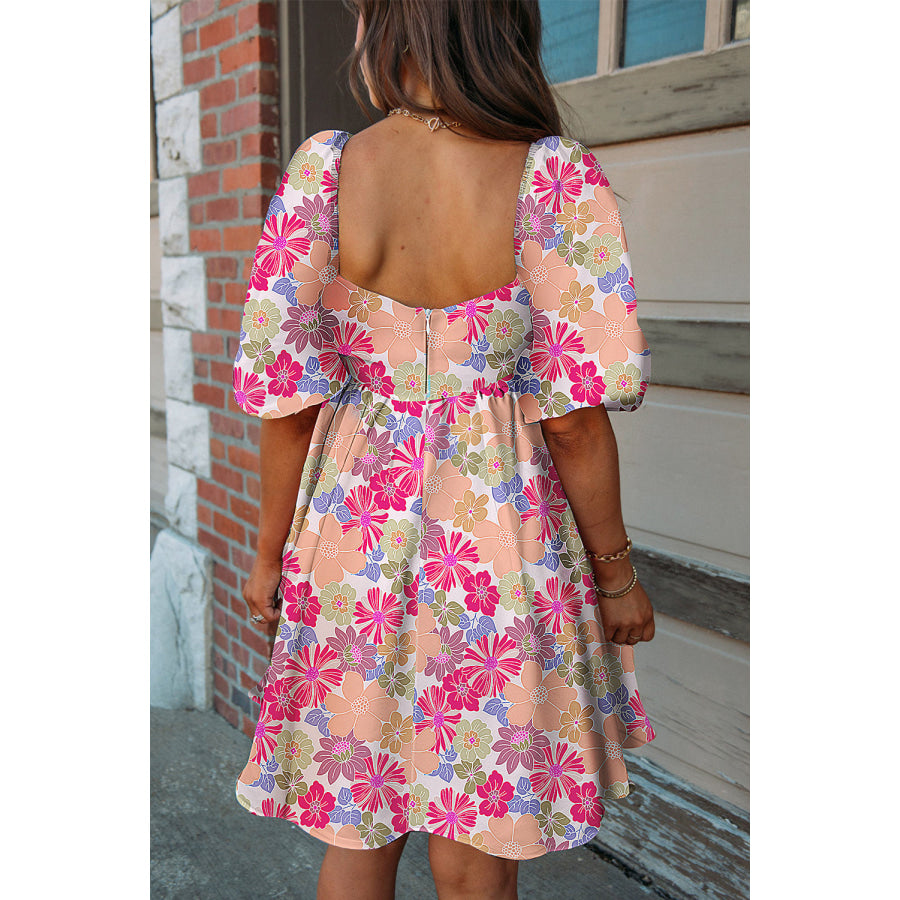 Pink Summer Floral Square Neck Puff Sleeve Babydoll Dress Dresses/Floral Dresses