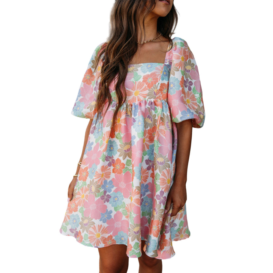 Pink Summer Floral Square Neck Puff Sleeve Babydoll Dress Dresses/Floral Dresses