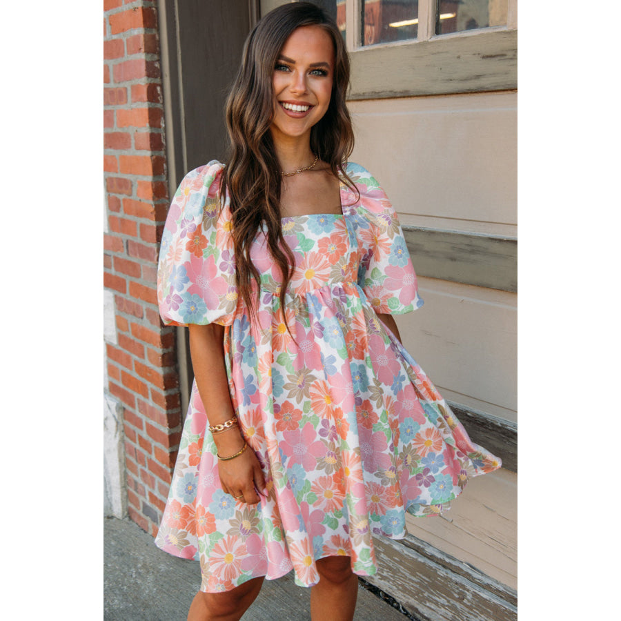 Pink Summer Floral Square Neck Puff Sleeve Babydoll Dress Dresses/Floral Dresses