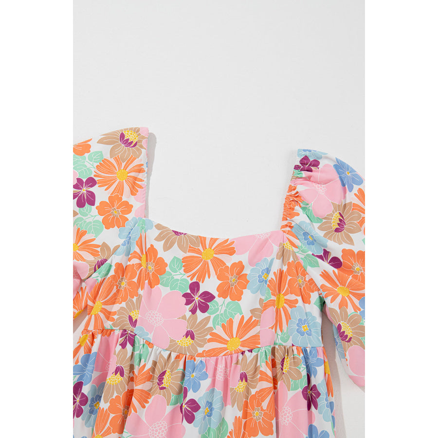 Pink Summer Floral Square Neck Puff Sleeve Babydoll Dress Dresses/Floral Dresses