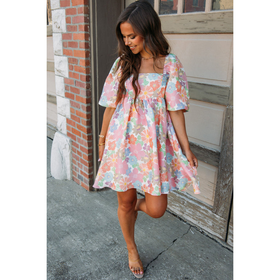 Pink Summer Floral Square Neck Puff Sleeve Babydoll Dress Dresses/Floral Dresses