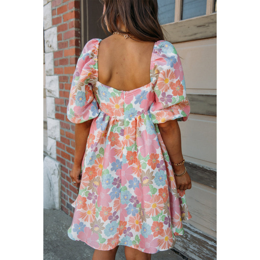 Pink Summer Floral Square Neck Puff Sleeve Babydoll Dress Pink / S / 100% Polyester Dresses/Floral Dresses