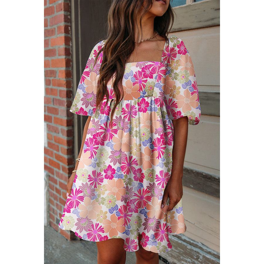 Pink Summer Floral Square Neck Puff Sleeve Babydoll Dress Rose / S / 100% Polyester Dresses/Floral Dresses