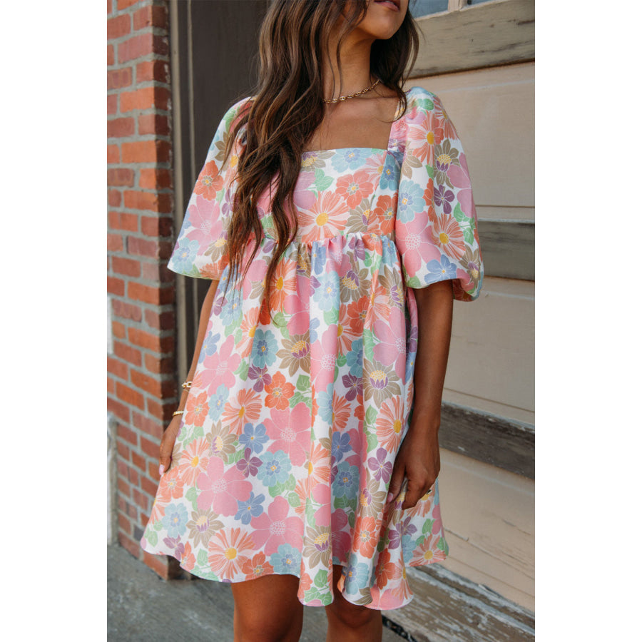 Pink Summer Floral Square Neck Puff Sleeve Babydoll Dress Pink / S / 100% Polyester Dresses/Floral Dresses