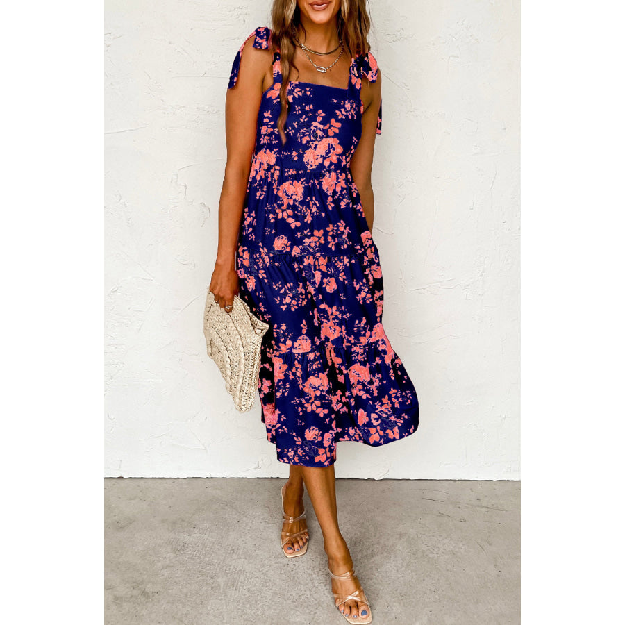 Pink Tie Shoulder Straps Tiered Floral Dress Blue / S / 100% Polyester Dresses/Floral Dresses