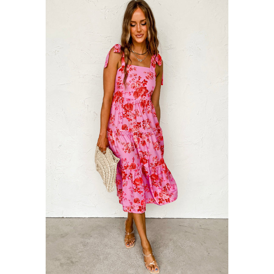 Pink Tie Shoulder Straps Tiered Floral Dress Dresses/Floral Dresses