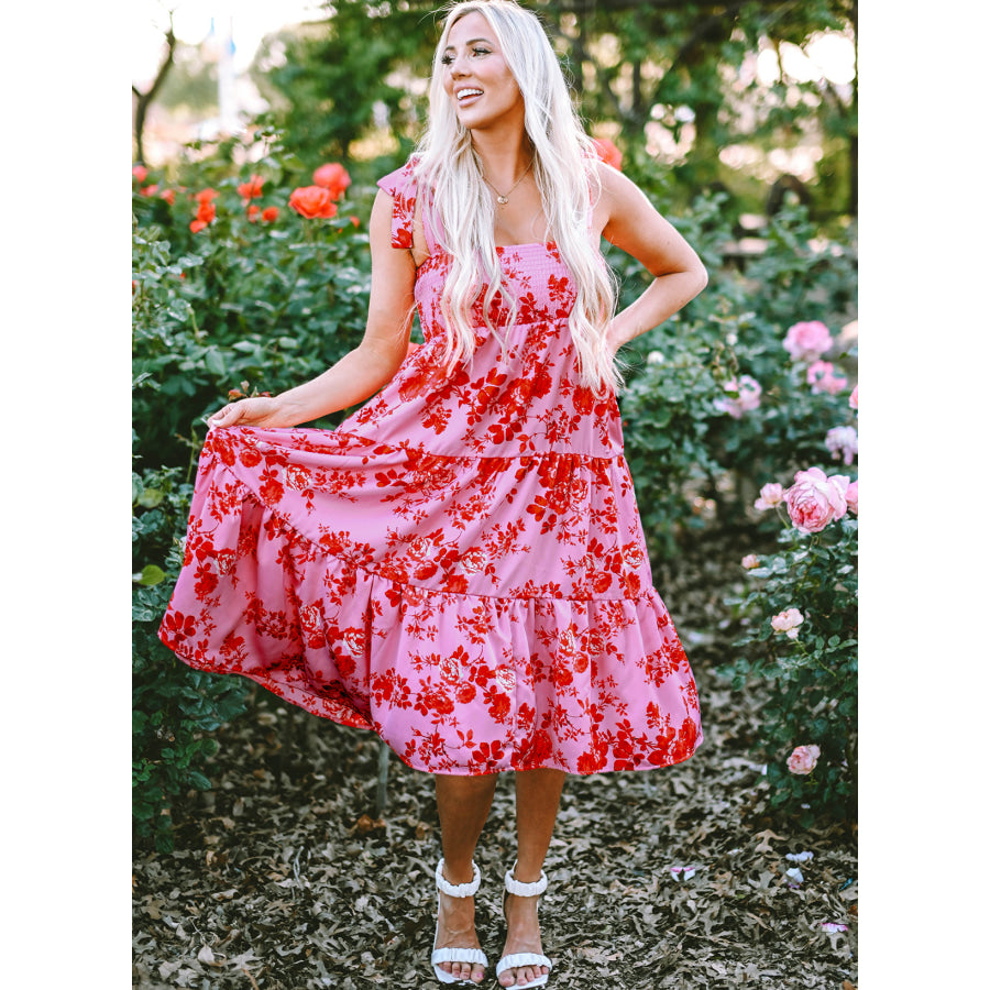 Pink Tie Shoulder Straps Tiered Floral Dress Dresses/Floral Dresses