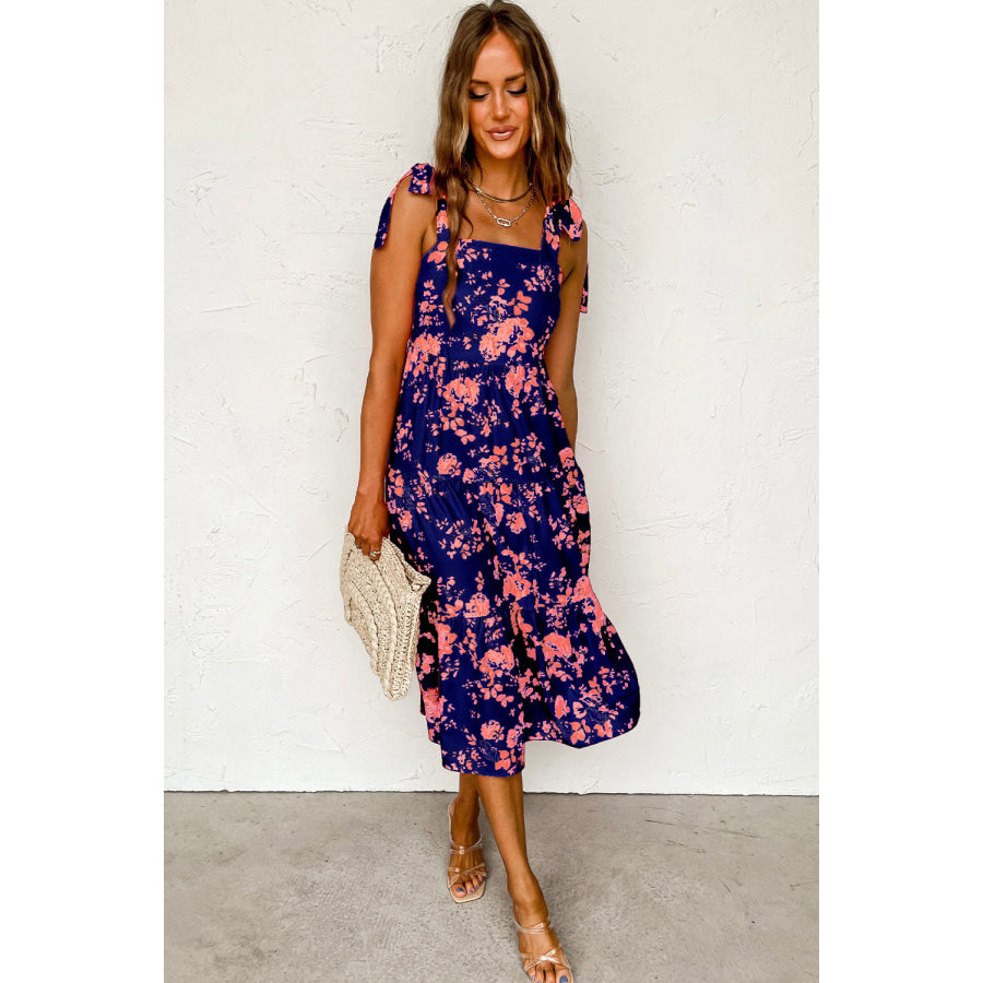 Pink Tie Shoulder Straps Tiered Floral Dress Dresses/Floral Dresses