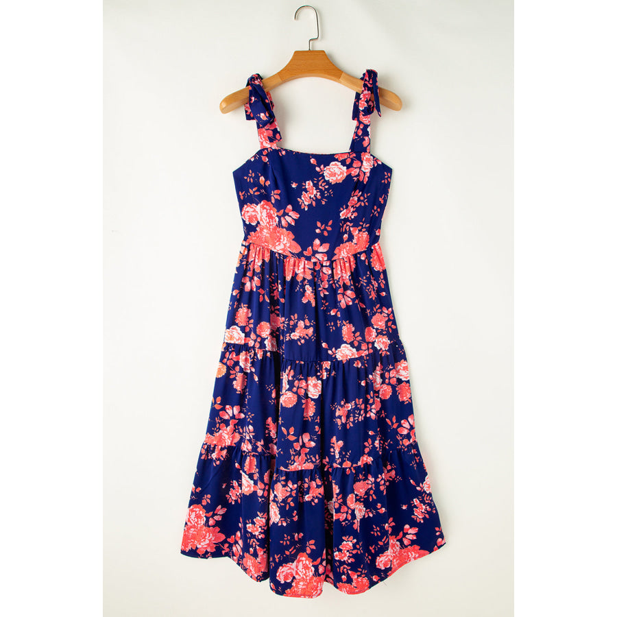 Pink Tie Shoulder Straps Tiered Floral Dress Dresses/Floral Dresses