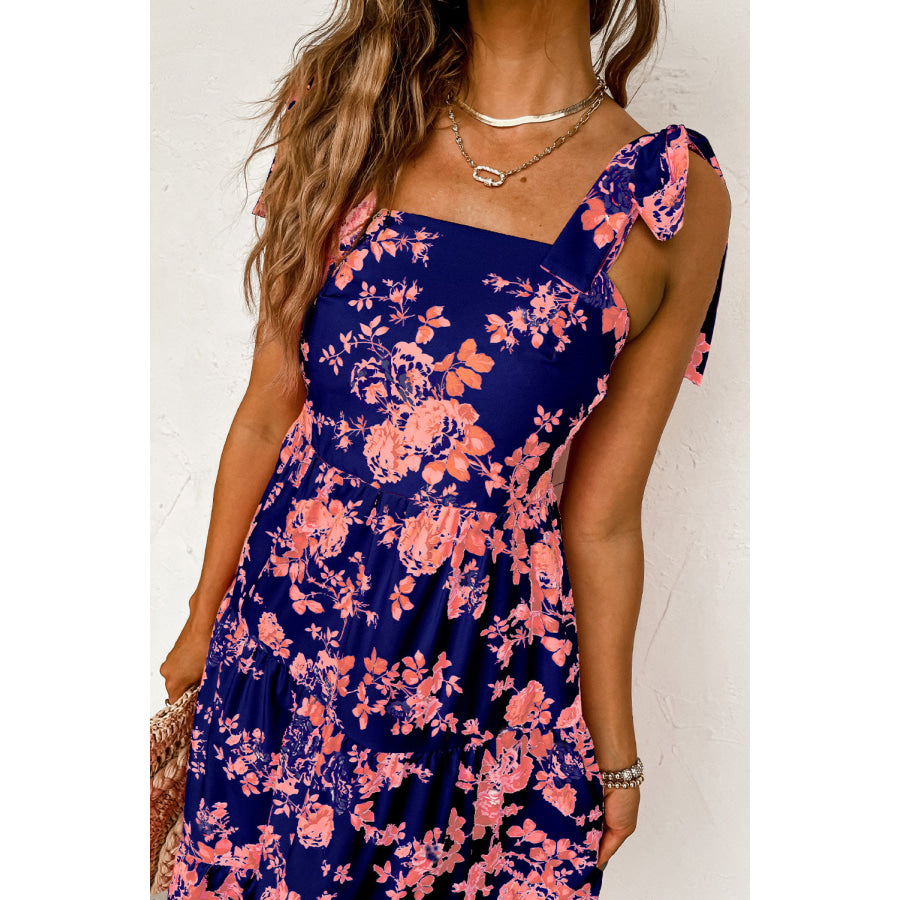 Pink Tie Shoulder Straps Tiered Floral Dress Dresses/Floral Dresses