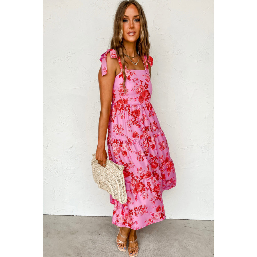 Pink Tie Shoulder Straps Tiered Floral Dress Dresses/Floral Dresses