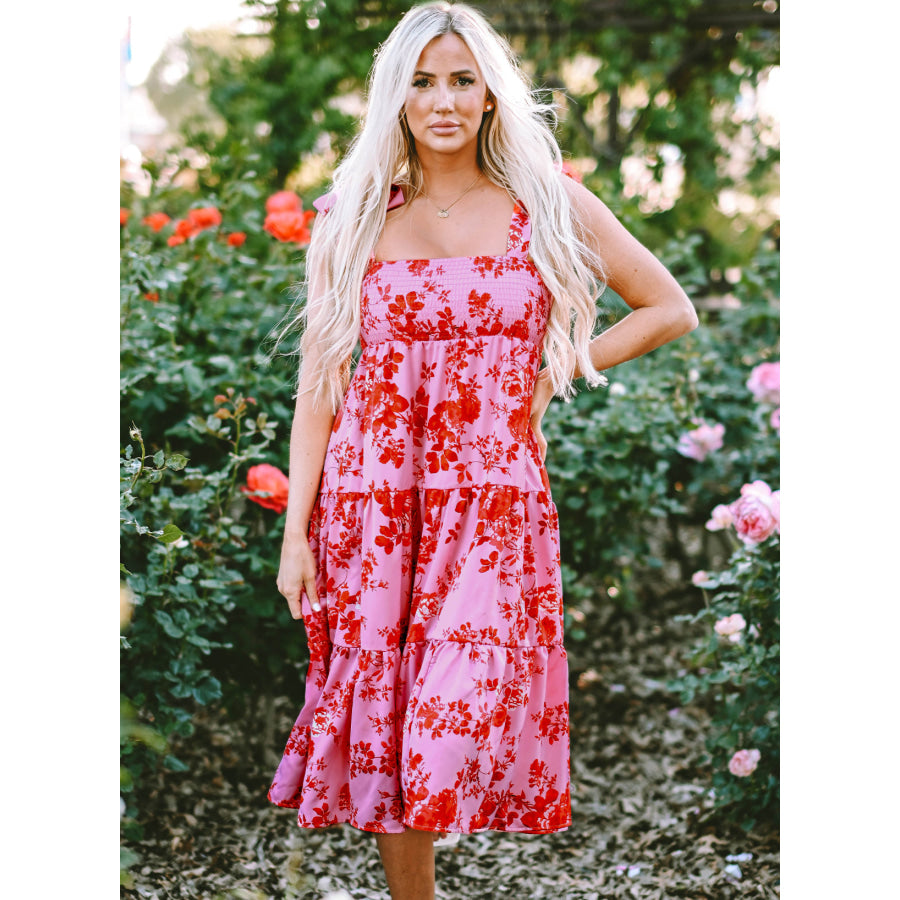 Pink Tie Shoulder Straps Tiered Floral Dress Dresses/Floral Dresses