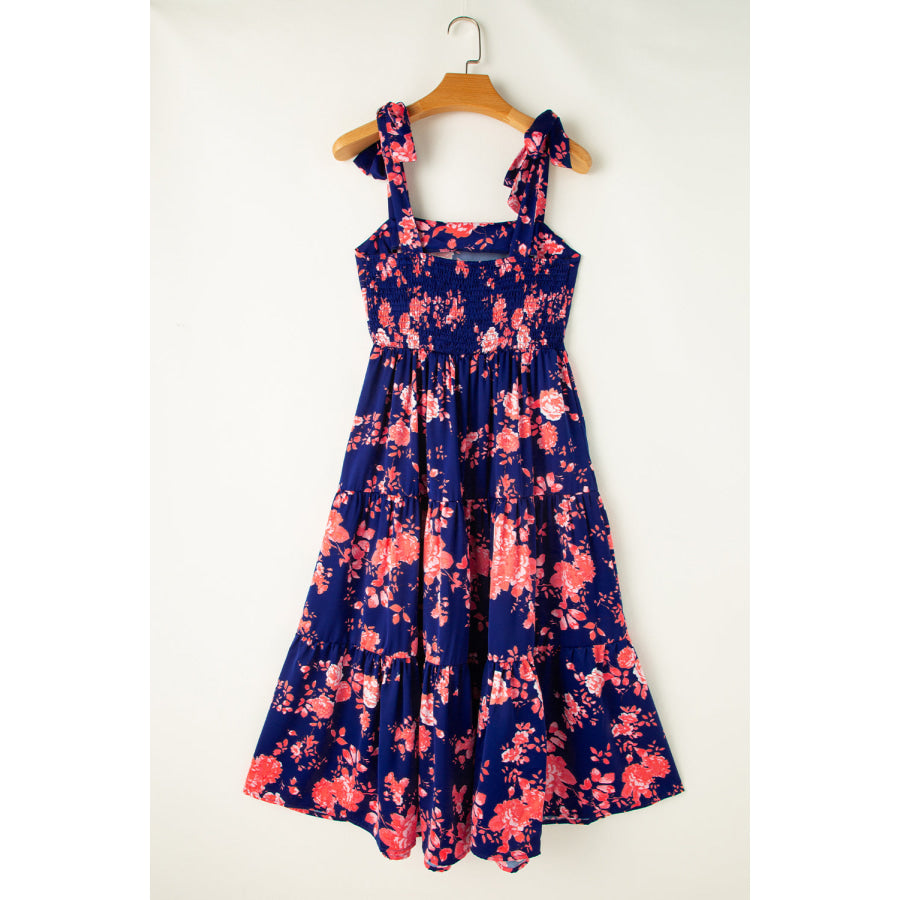 Pink Tie Shoulder Straps Tiered Floral Dress Dresses/Floral Dresses