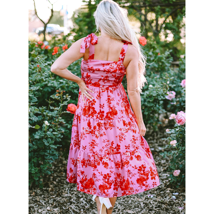 Pink Tie Shoulder Straps Tiered Floral Dress Dresses/Floral Dresses