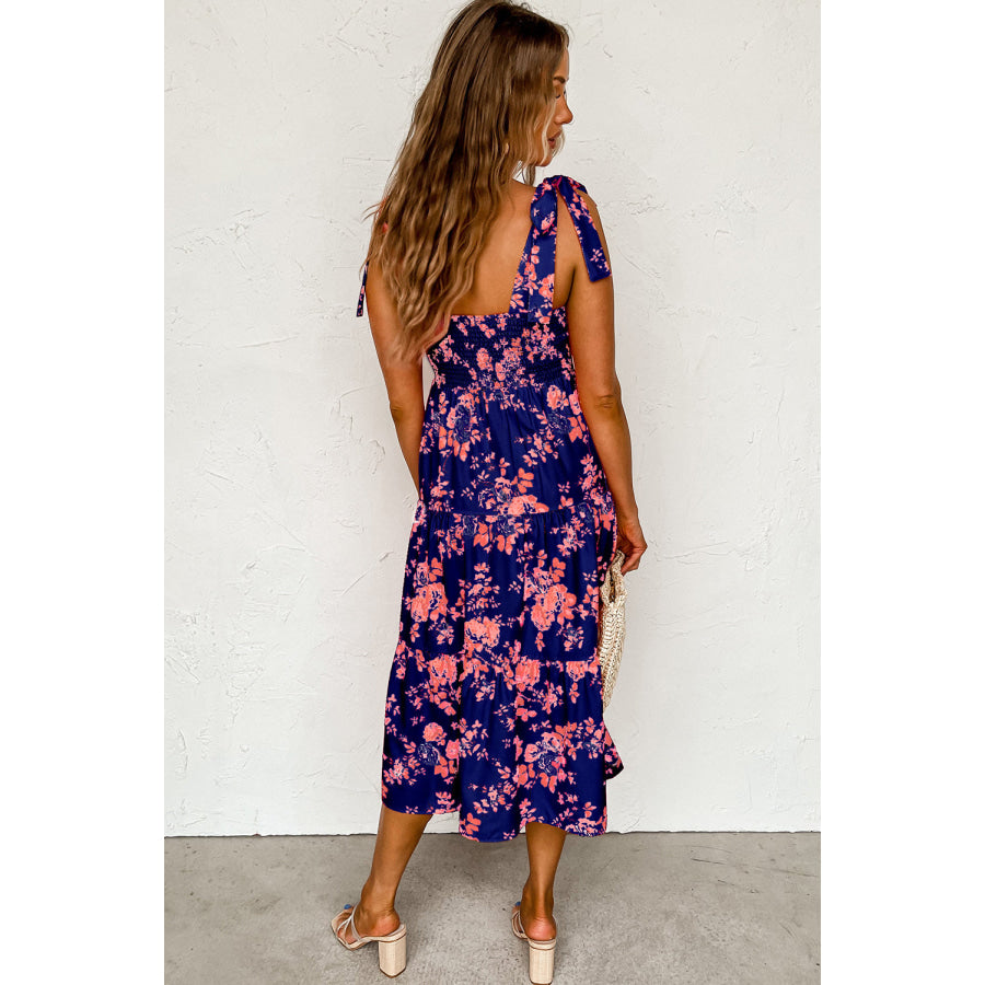 Pink Tie Shoulder Straps Tiered Floral Dress Dresses/Floral Dresses