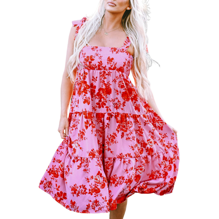 Pink Tie Shoulder Straps Tiered Floral Dress Dresses/Floral Dresses