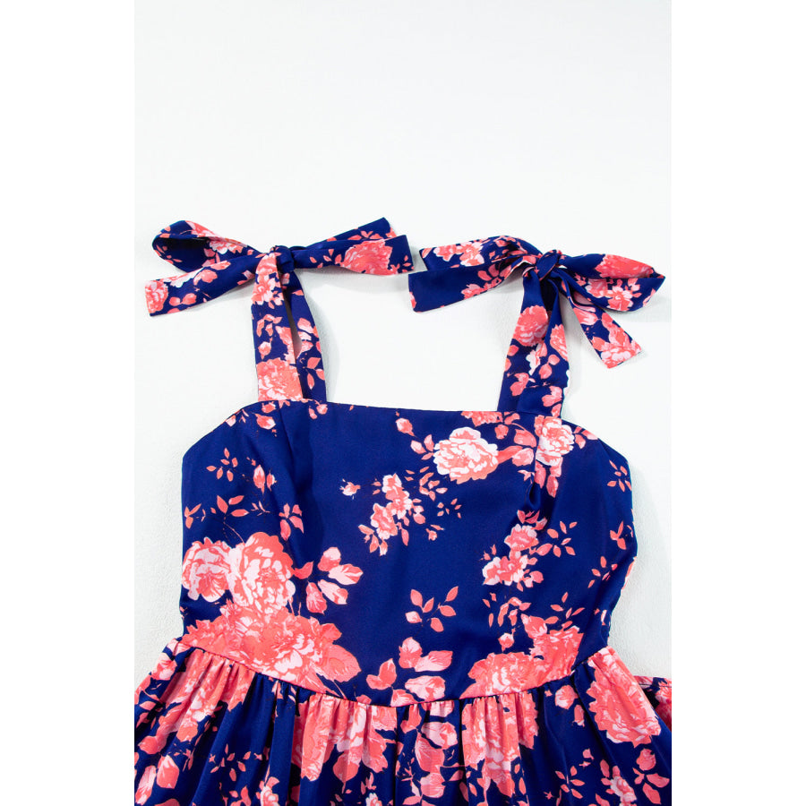 Pink Tie Shoulder Straps Tiered Floral Dress Dresses/Floral Dresses