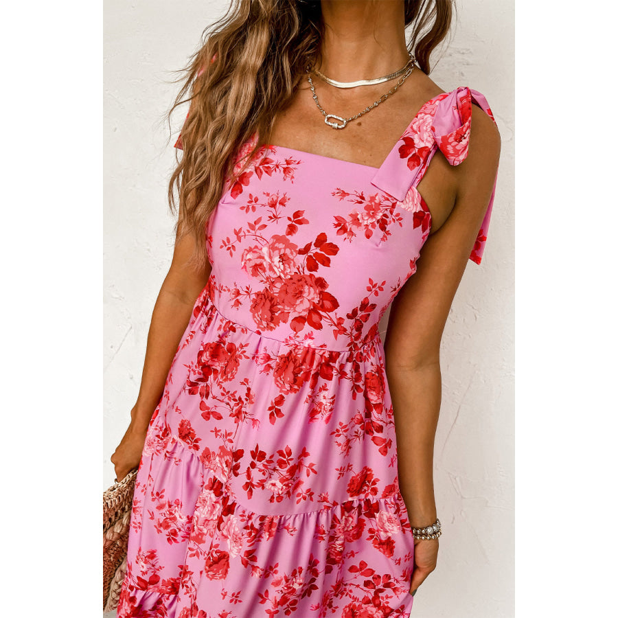 Pink Tie Shoulder Straps Tiered Floral Dress Dresses/Floral Dresses