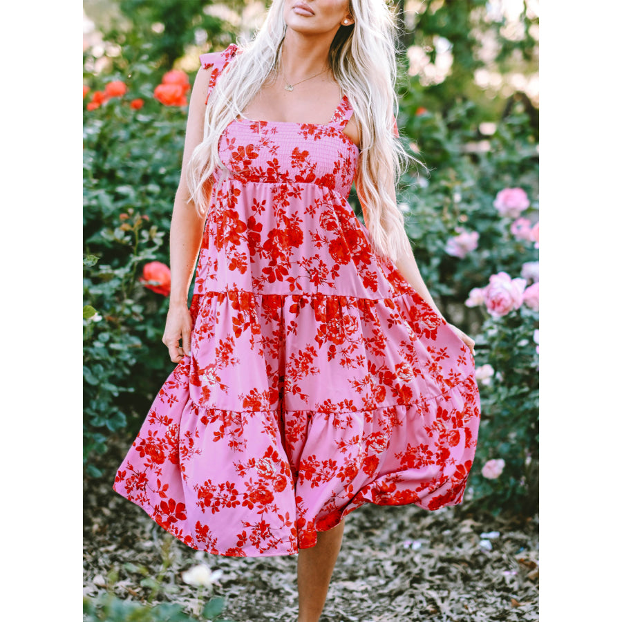 Pink Tie Shoulder Straps Tiered Floral Dress Dresses/Floral Dresses