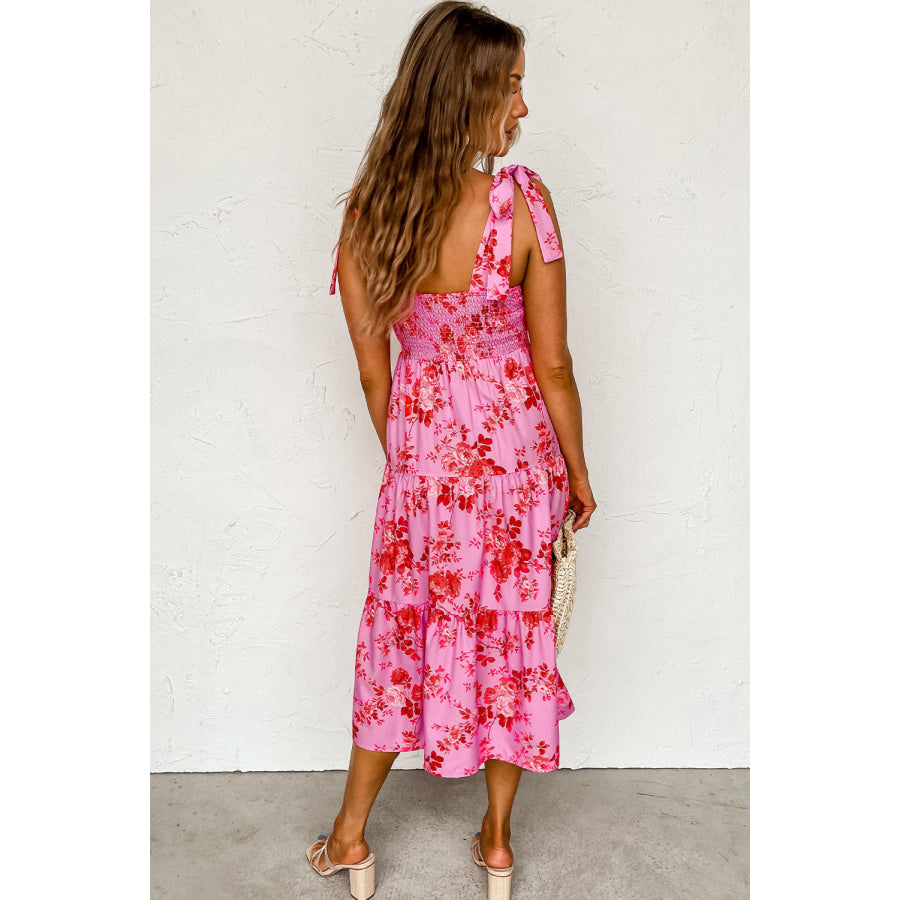 Pink Tie Shoulder Straps Tiered Floral Dress Pink / S / 100% Polyester Dresses/Floral Dresses