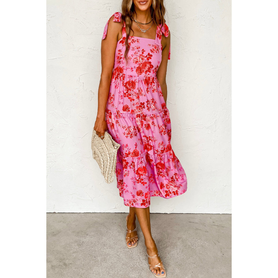 Pink Tie Shoulder Straps Tiered Floral Dress Pink / S / 100% Polyester Dresses/Floral Dresses