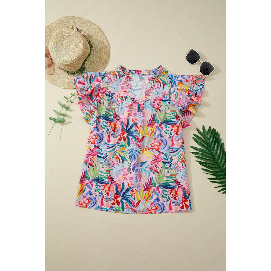 Pink Tropical Floral Print Frilly Notched Neck Ruffled Short Sleeve Blouse Pink / S / 55% Cotton + 45% Viscose Tops/Blouses & Shirts