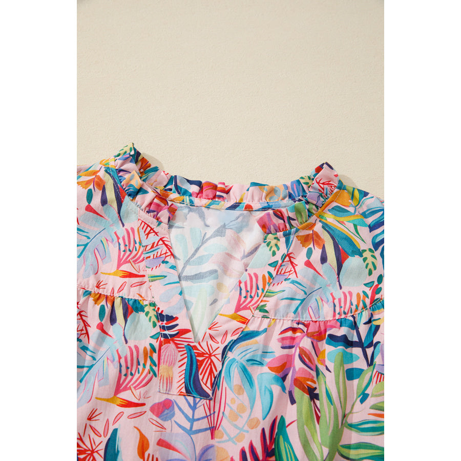 Pink Tropical Floral Print Frilly Notched Neck Ruffled Short Sleeve Blouse Tops/Blouses & Shirts