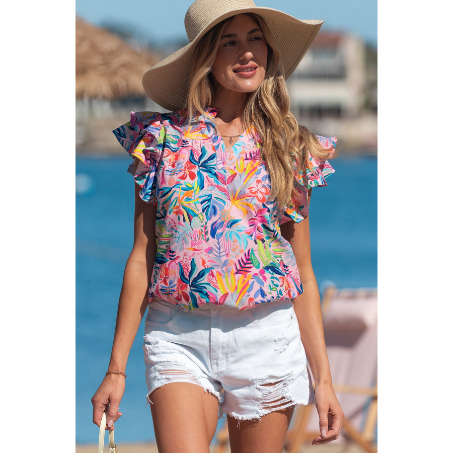 Pink Tropical Floral Print Frilly Notched Neck Ruffled Short Sleeve Blouse Tops/Blouses & Shirts