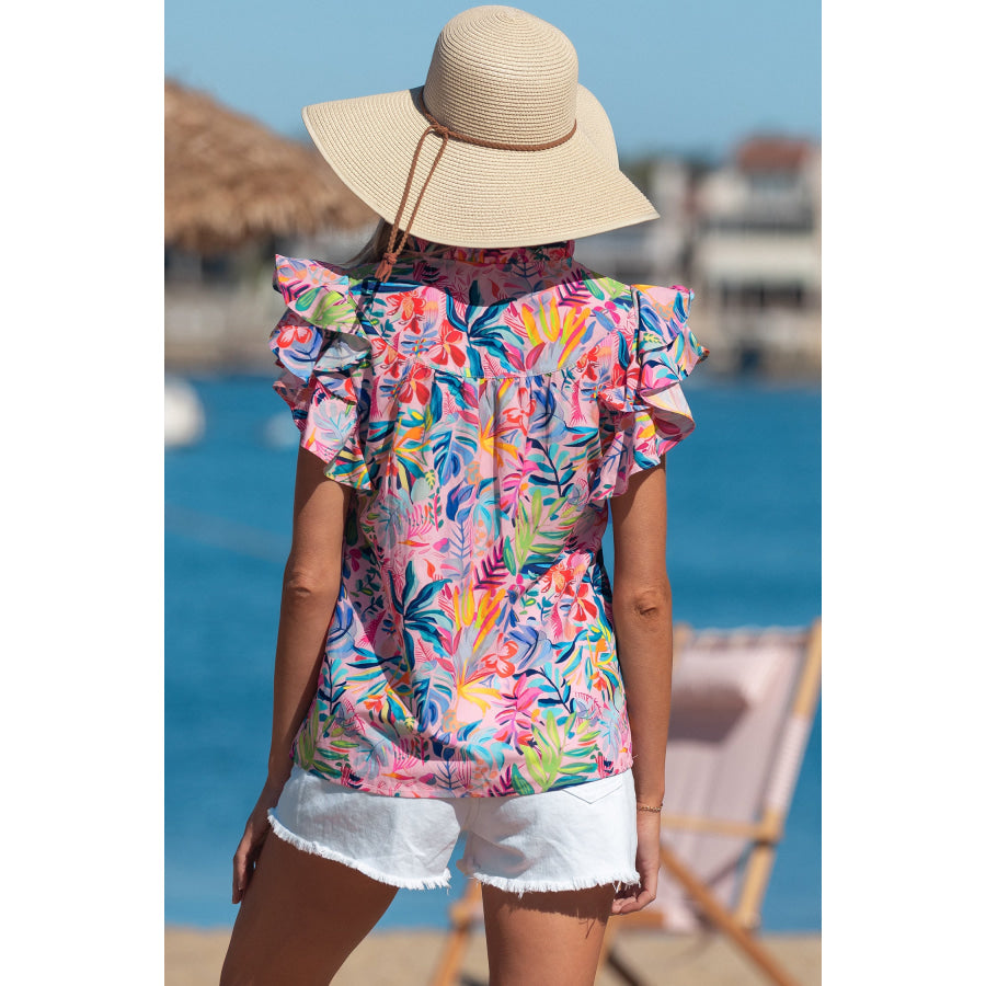 Pink Tropical Floral Print Frilly Notched Neck Ruffled Short Sleeve Blouse Tops/Blouses & Shirts