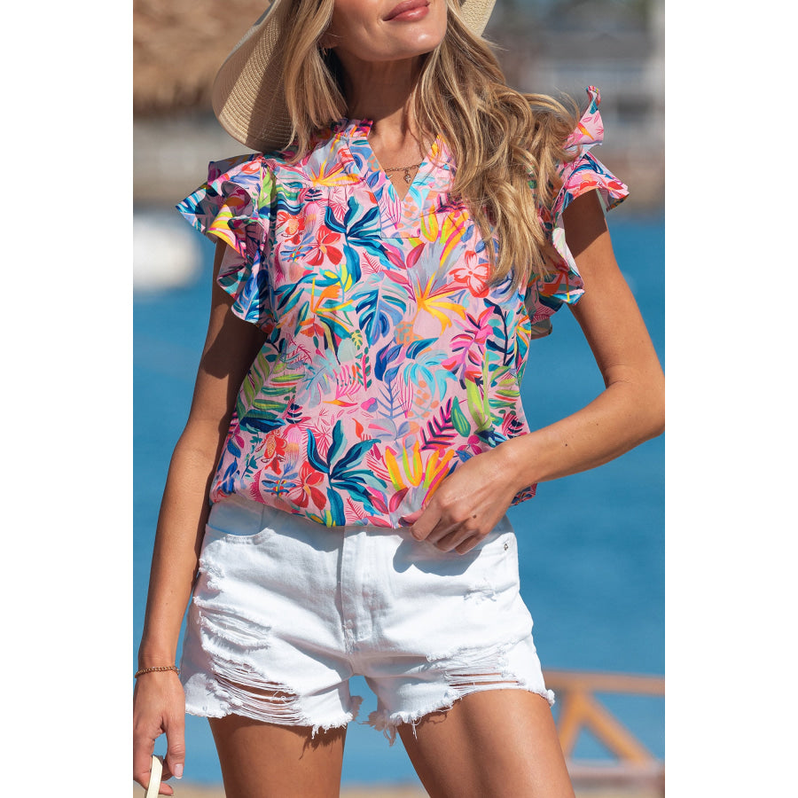 Pink Tropical Floral Print Frilly Notched Neck Ruffled Short Sleeve Blouse Tops/Blouses & Shirts