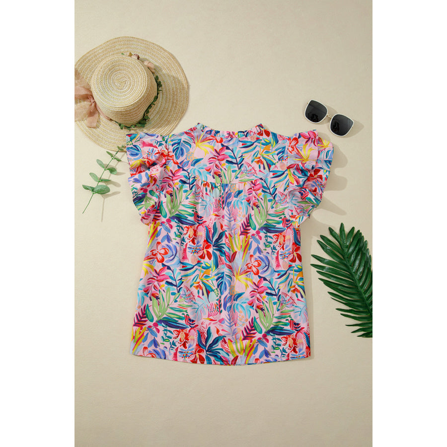 Pink Tropical Floral Print Frilly Notched Neck Ruffled Short Sleeve Blouse Tops/Blouses & Shirts