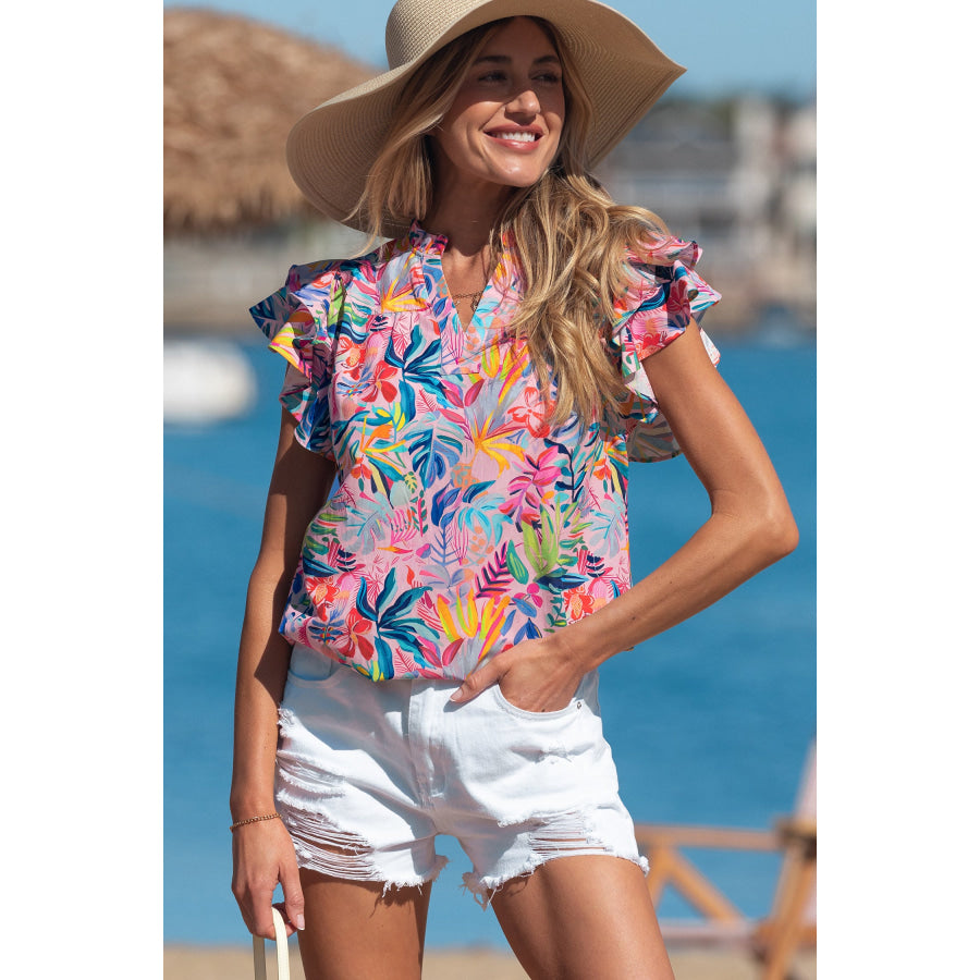 Pink Tropical Floral Print Frilly Notched Neck Ruffled Short Sleeve Blouse Tops/Blouses & Shirts