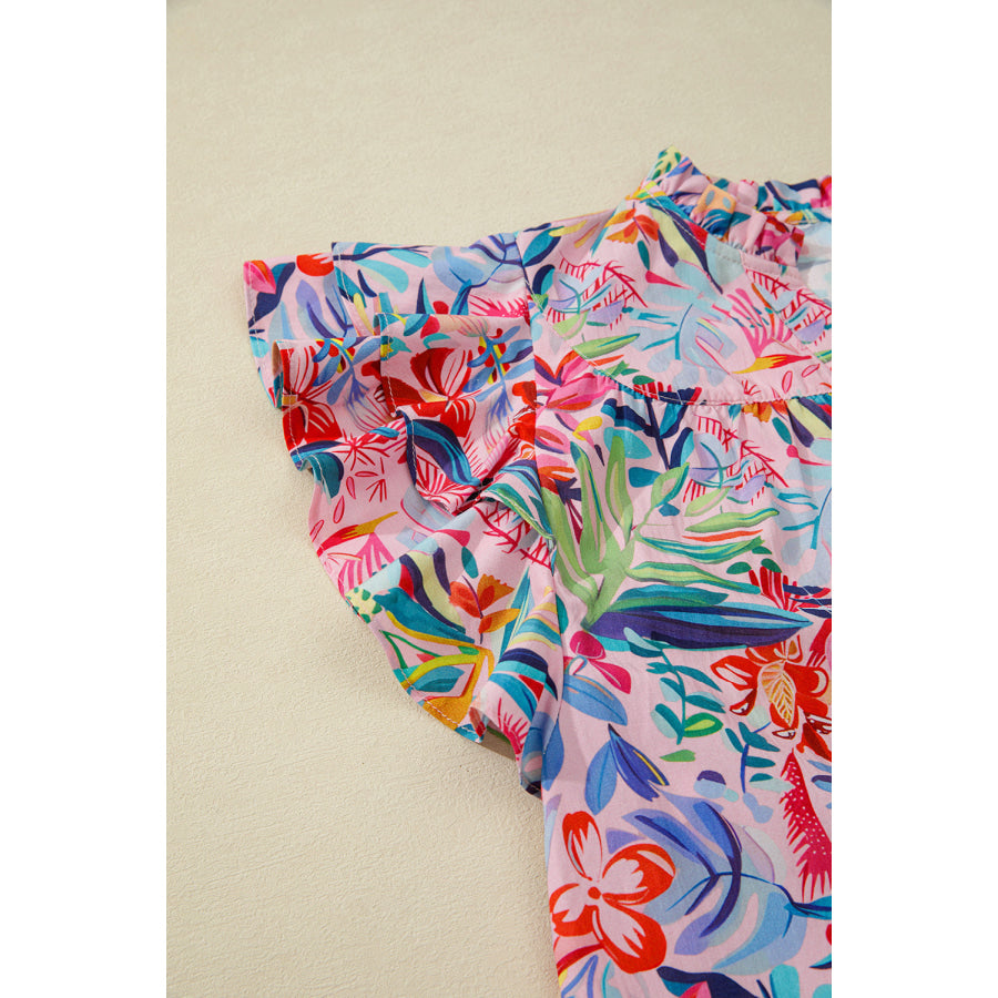 Pink Tropical Floral Print Frilly Notched Neck Ruffled Short Sleeve Blouse Tops/Blouses & Shirts