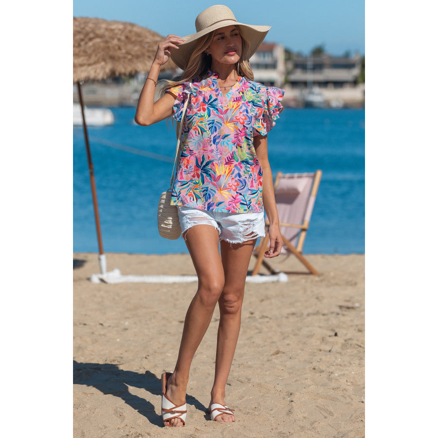 Pink Tropical Floral Print Frilly Notched Neck Ruffled Short Sleeve Blouse Tops/Blouses & Shirts