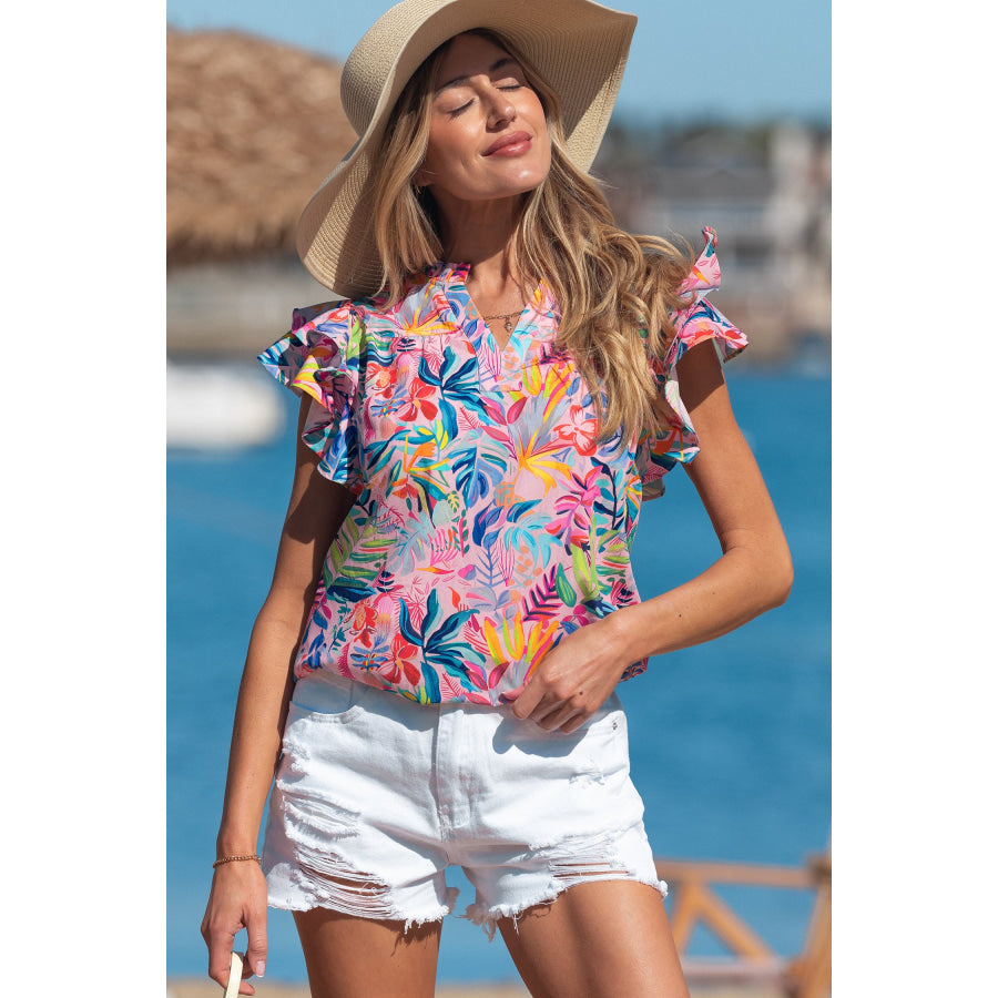 Pink Tropical Floral Print Frilly Notched Neck Ruffled Short Sleeve Blouse Tops/Blouses & Shirts