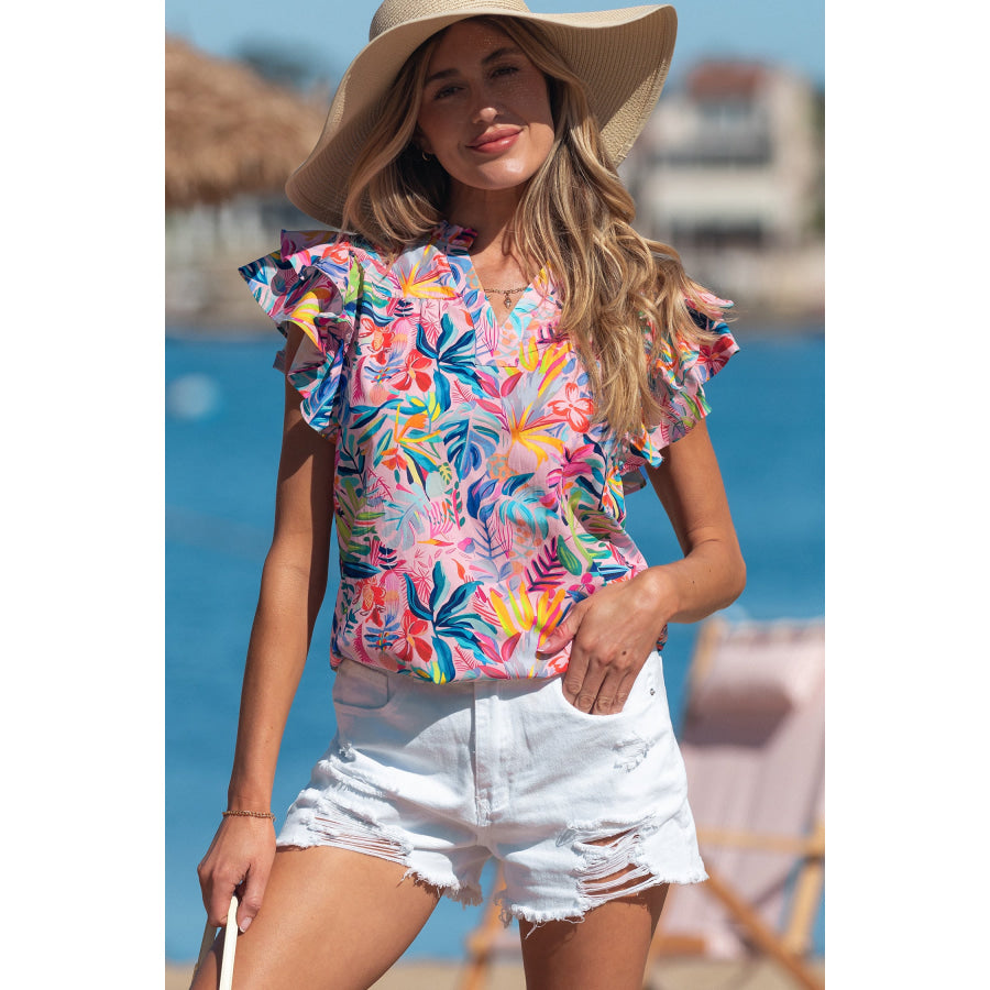 Pink Tropical Floral Print Frilly Notched Neck Ruffled Short Sleeve Blouse Tops/Blouses & Shirts