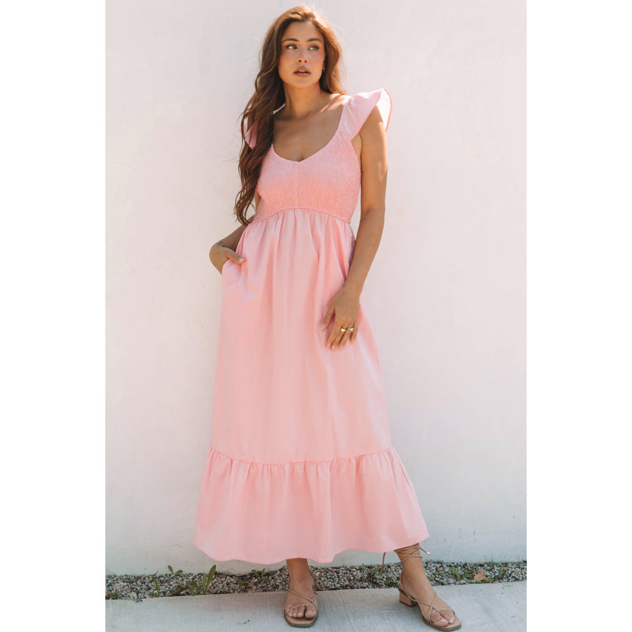 Pink V Neck Flutter Sleeve Smocked Bodice High Waist Ruffle Maxi Dress Apricot Pink / S / 100% Cotton Dresses/Maxi Dresses
