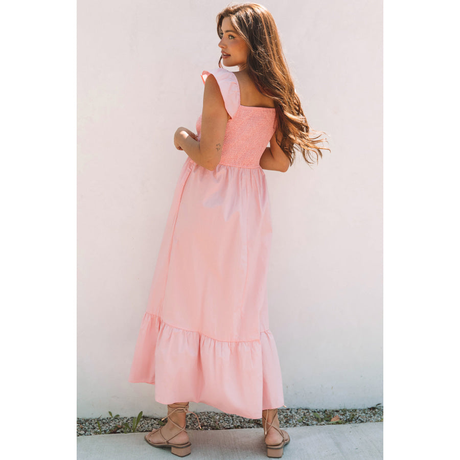 Pink V Neck Flutter Sleeve Smocked Bodice High Waist Ruffle Maxi Dress Dresses/Maxi Dresses