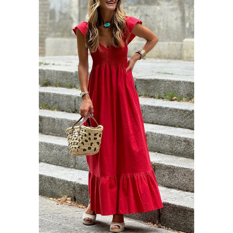 Pink V Neck Flutter Sleeve Smocked Bodice High Waist Ruffle Maxi Dress Dresses/Maxi Dresses