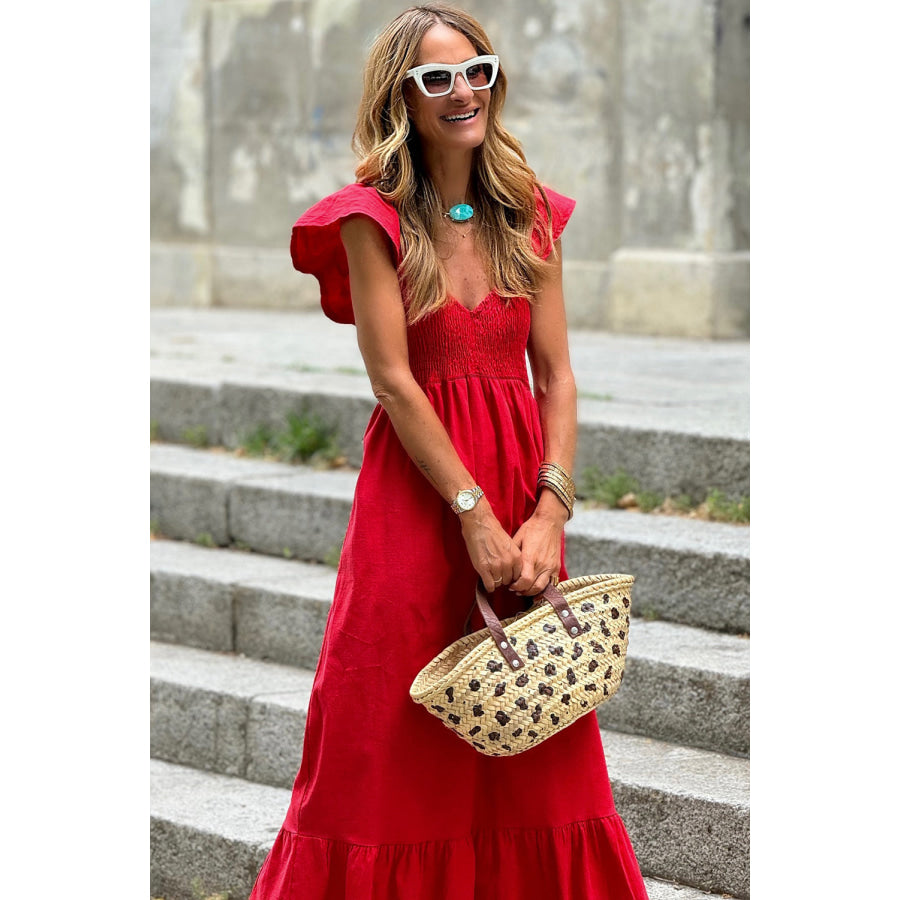 Pink V Neck Flutter Sleeve Smocked Bodice High Waist Ruffle Maxi Dress Dresses/Maxi Dresses