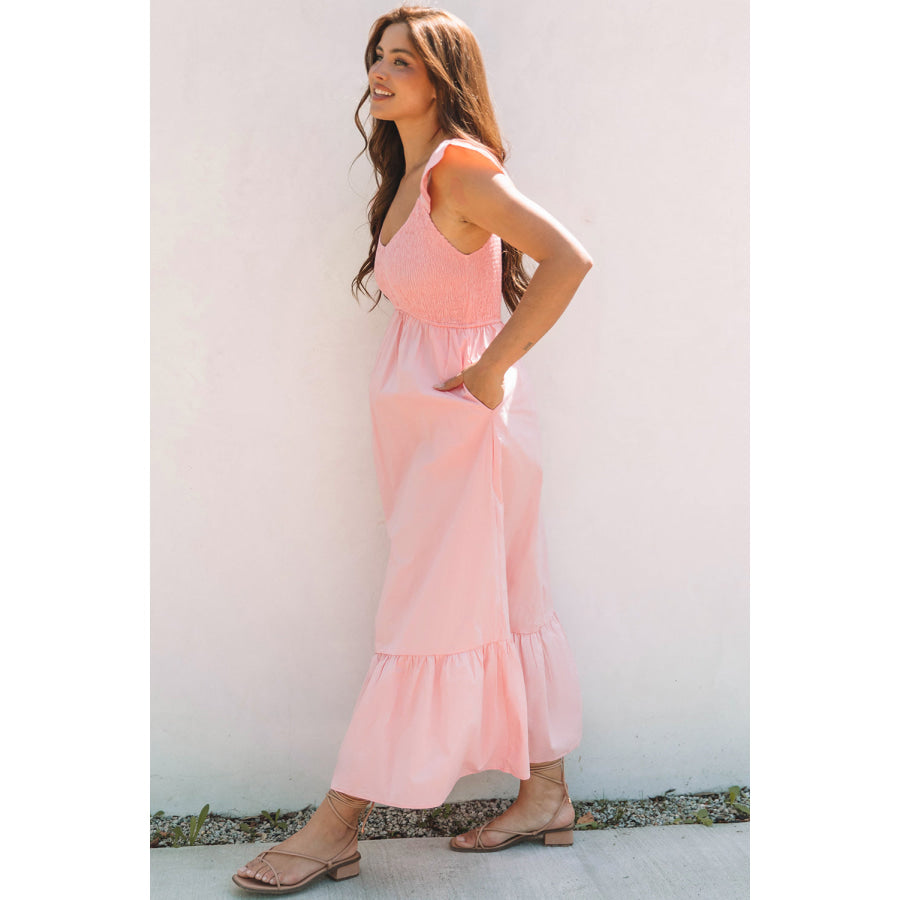 Pink V Neck Flutter Sleeve Smocked Bodice High Waist Ruffle Maxi Dress Dresses/Maxi Dresses