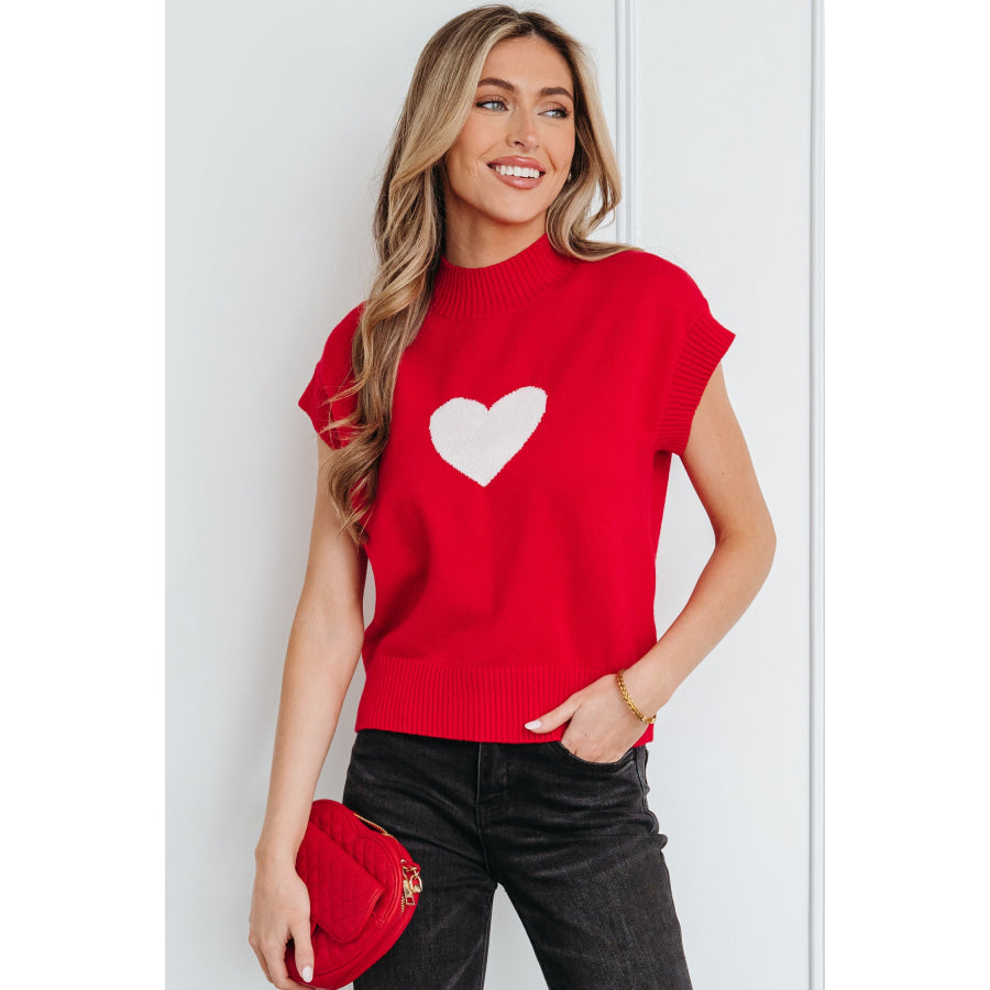 Pink Valentine Heart Graphic Cropped Short Sleeve Sweater Fiery Red / S / 52% Viscose + 26% Polyester + 22% Polyamide Sweaters &